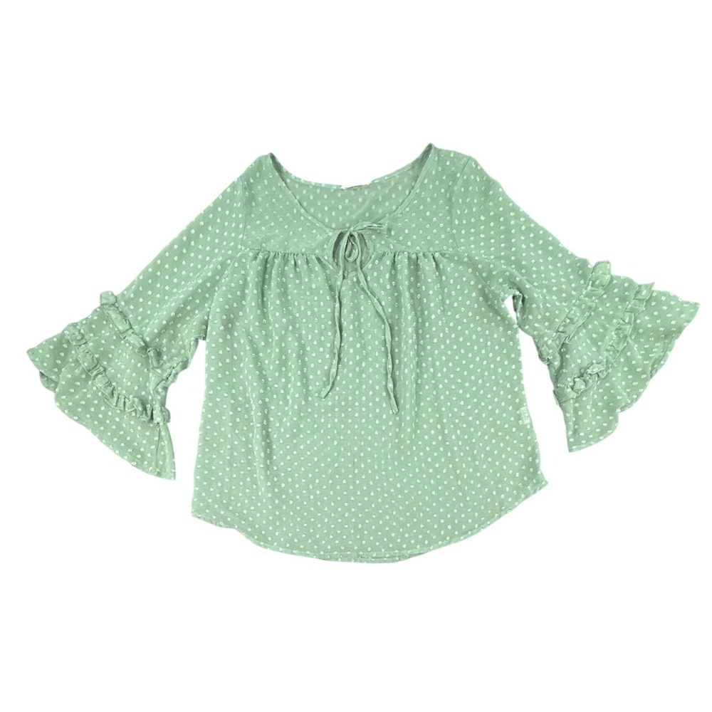 Ember Top Womens Green Swiss Dot Ruffle Bell Sleeve Tie Neck Peasant Blouse S